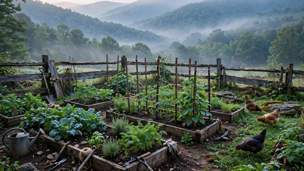 Garden beds with growing vegetables
