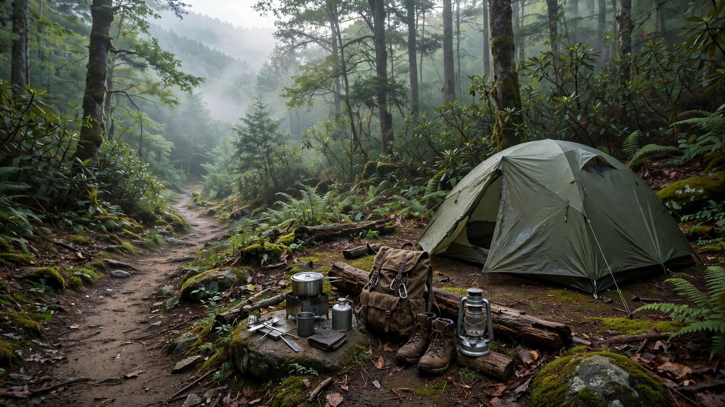 Camping gear and outdoor scenery